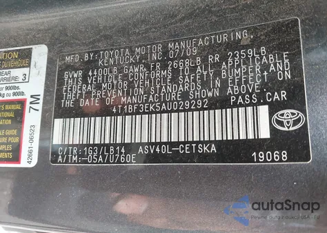2010 Toyota Camry Se z USA, uszkodzony, nr VIN 4T1BF3EK5AU029292
